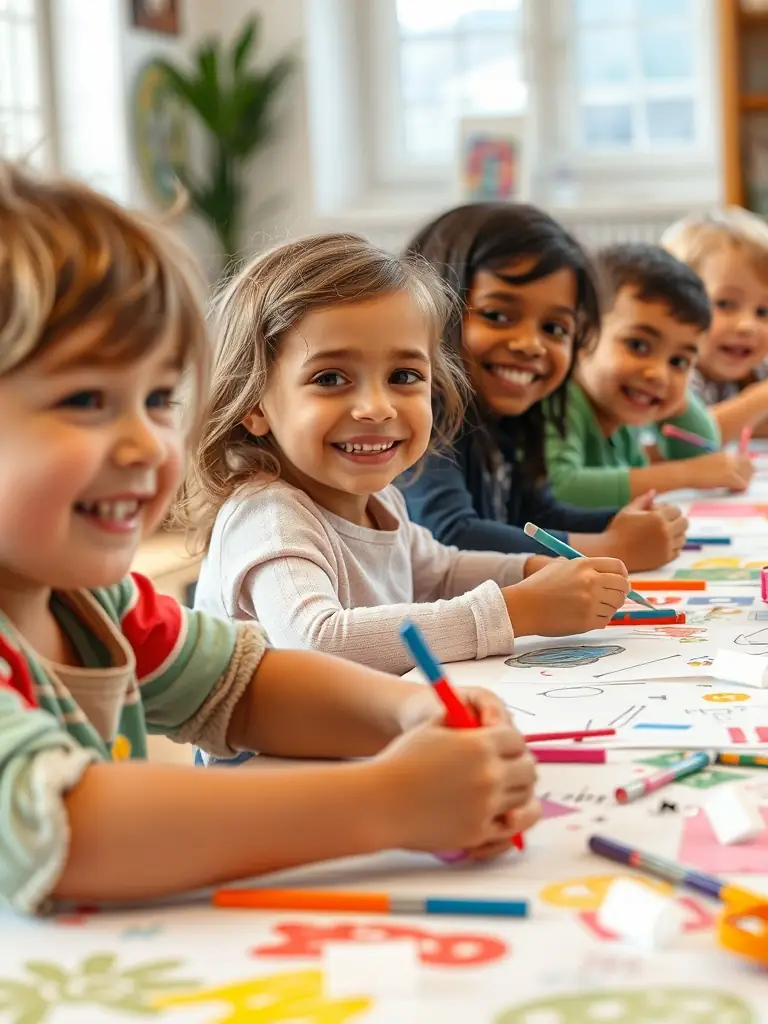 A photograph of children participating in an arts and crafts workshop organized by COMITE DES FETES, showing them engaged in creative activities with smiles on their faces.