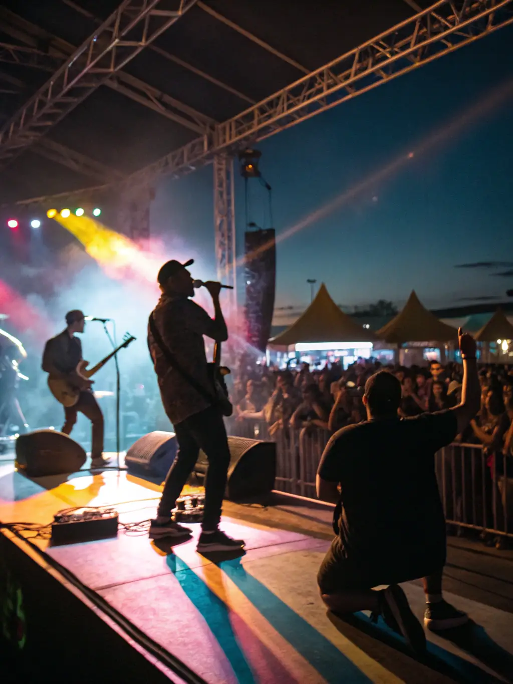 An image of a local band performing at a COMITE DES FETES event, with people dancing and enjoying the music, highlighting the organization's support for local talent and cultural enrichment.