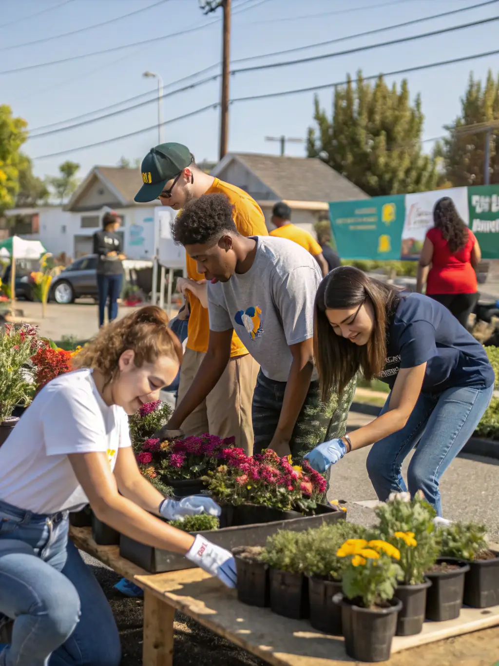 A photograph capturing volunteers setting up decorations for a local festival, showcasing the collaborative effort behind COMITE DES FETES' events.