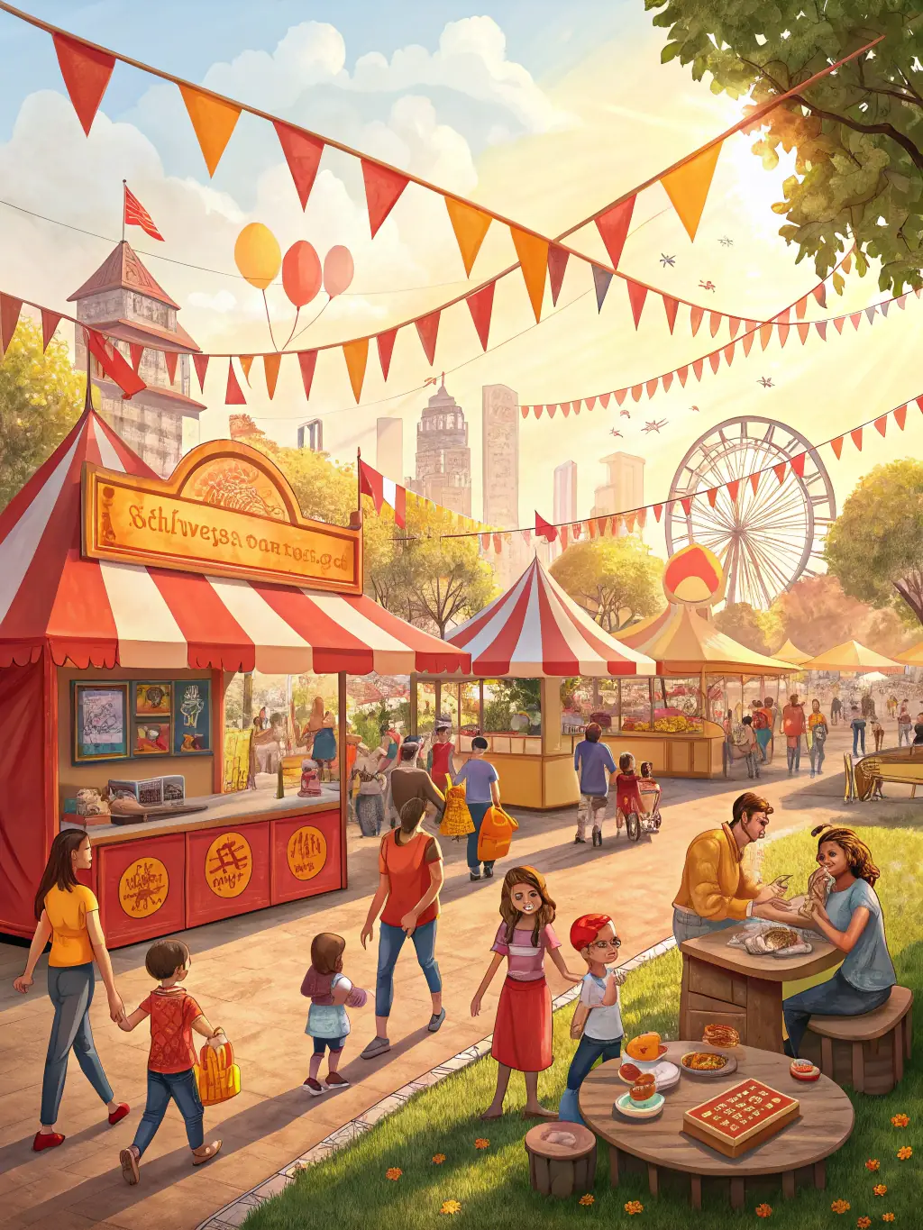 A vibrant image of the annual town festival organized by COMITE DES FETES, showcasing families enjoying games, food stalls, and live music, capturing the lively atmosphere and community spirit.