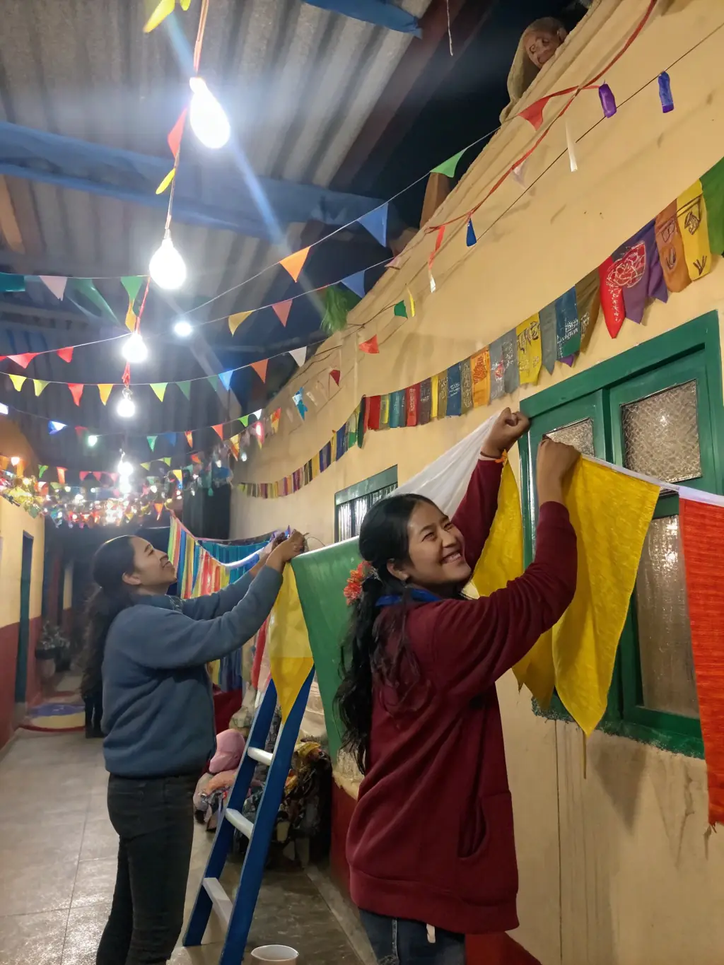 A picture of a group of volunteers from COMITE DES FETES setting up decorations for a holiday event, illustrating their dedication and teamwork in preparing for community celebrations.