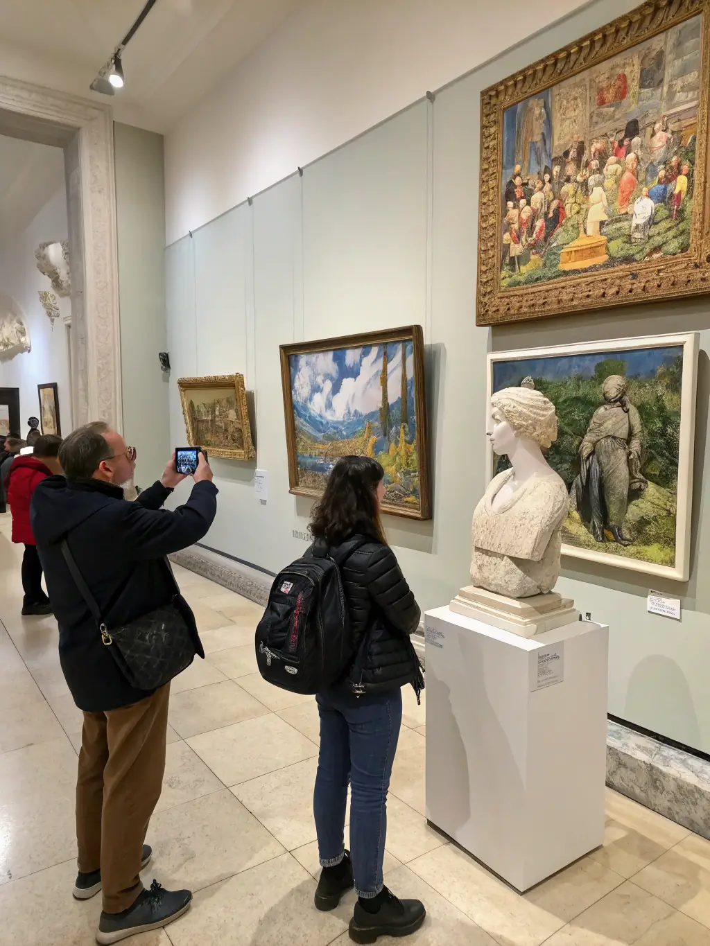 A picture of local artists displaying their work at an art exhibition organized by COMITE DES FETES, highlighting the organization's support for local talent.